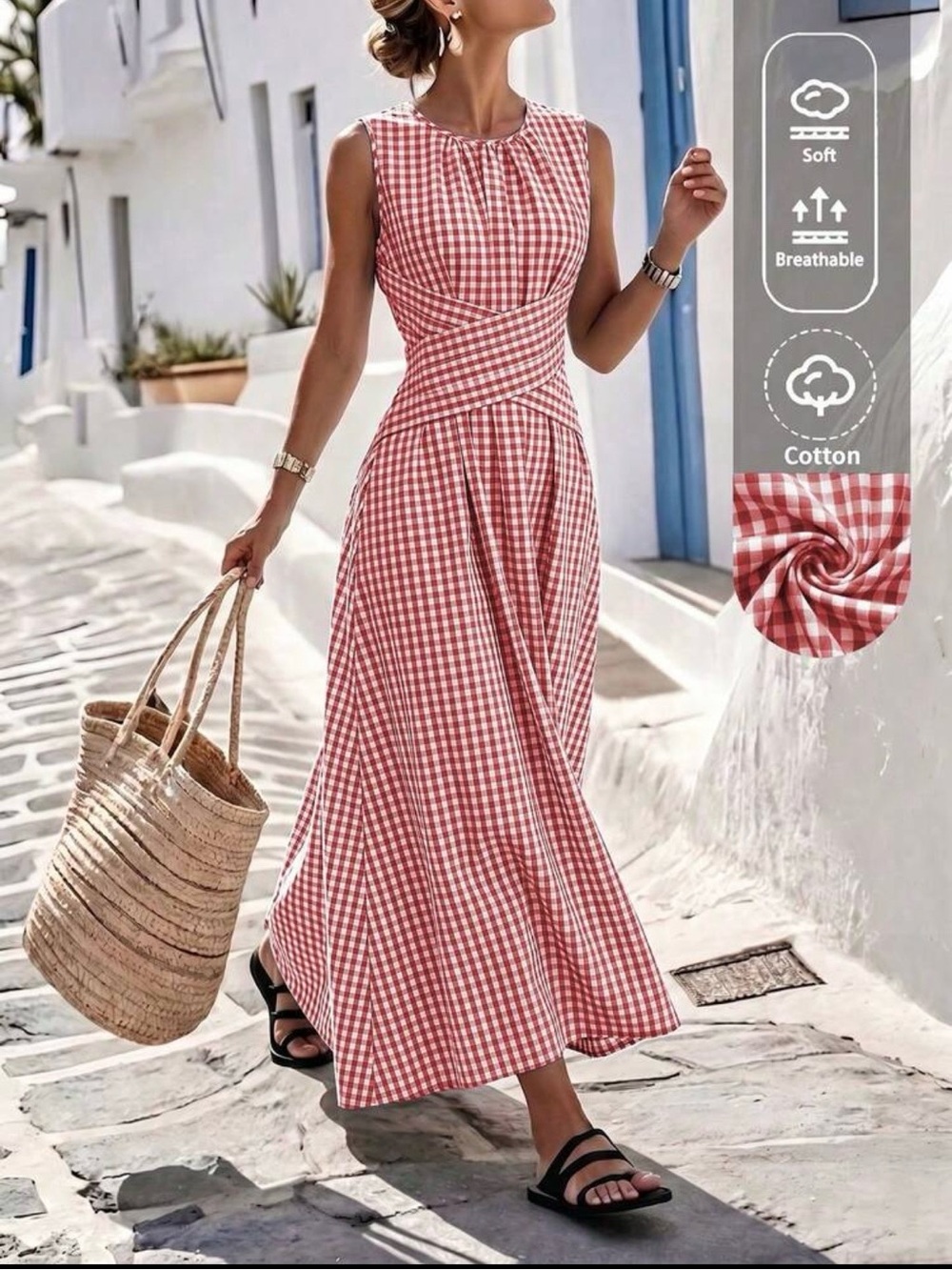 Brand new, never worn Red Gingham Sleeveless Cotton Maxi Dress